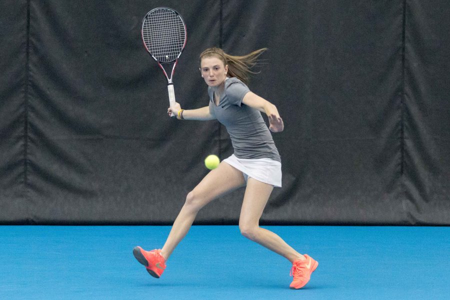 Illinois Alexis Casati gets ready to return the ball during the match against Nebraska at the Atkins Tennis Center on Sunday, April 3. 