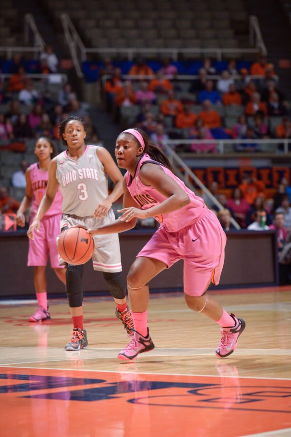 Illinois' Kennedy Cattenhead drives the ball down the court during the game against Ohio State at the State Farm Center on Saturday, February 14, 2015. 