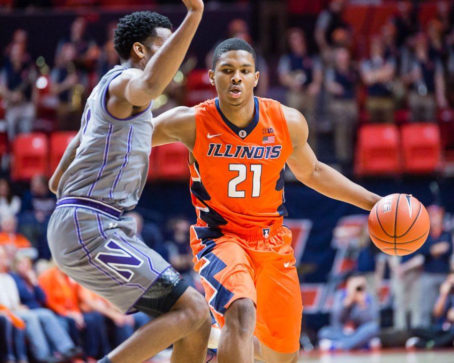 Illinois+Malcolm+Hill+%2821%29+drives+to+the+basket+during+the+game+against+Northwestern+at+State+Farm+Center+on+Tuesday%2C+February+21.