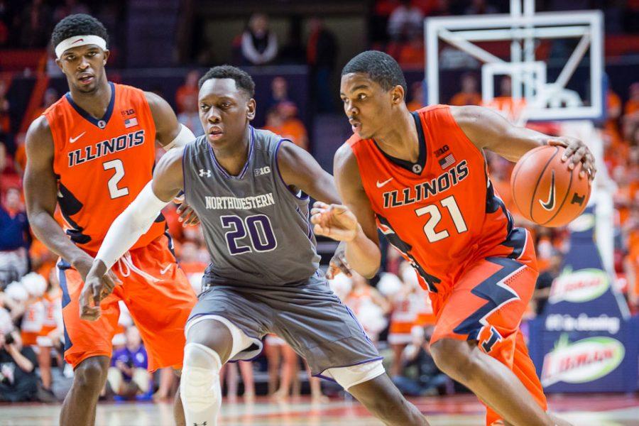 Illinois+Malcolm+Hill+%2821%29+drives+to+the+basket+during+the+game+against+Northwestern+at+State+Farm+Center+on+Tuesday%2C+Feb.+21.