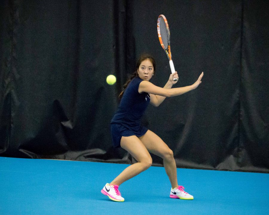 Illinois Louise Kwong gets ready to return the ball during the match against Middle Tennessee at the Atkins Tennis Center on Friday, February 10.