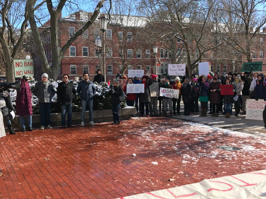 Protestors gather on the Quad for the Immigration rally on Thursday, Feb. 9.