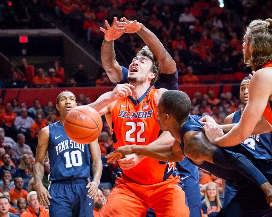 Illinois+Maverick+Morgan+%2822%29+loses+the+ball+under+the+basket+during+the+game+against+Penn+State+at+State+Farm+Center+on+Saturday%2C+February+11.+The+Illini+lost+83-70.