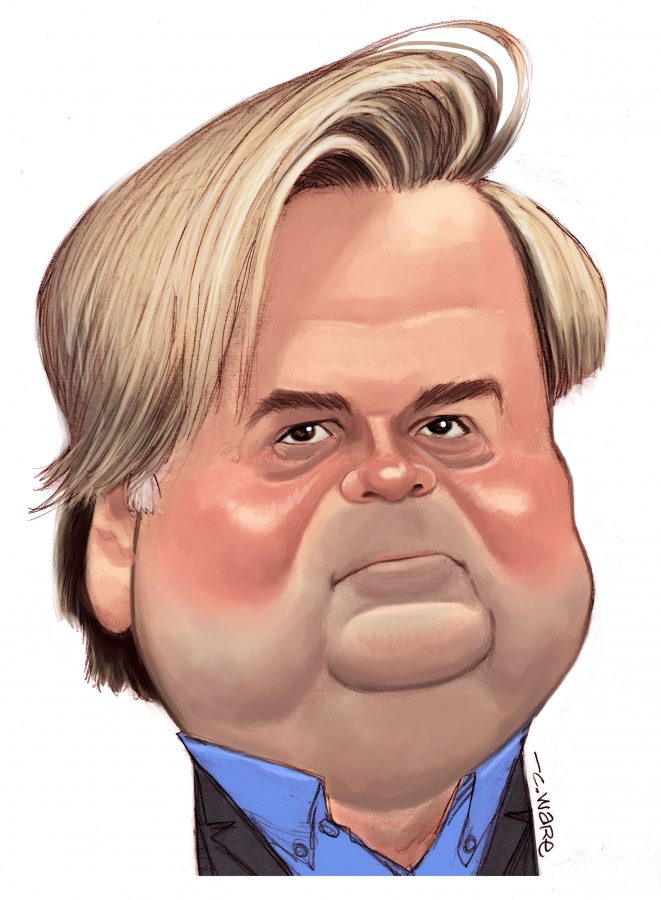 Chris Ware caricature of Steve Bannon. Bannon is an American campaign manager, businessman and media executive. He became chief executive officer of the 2016 presidential campaign of Donald Trump in August 2016.