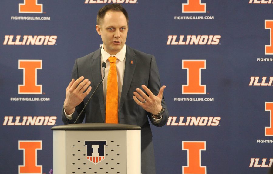 Chris+Tamas+talks+to+the+press+for+the+first+time+about+being+Illinois+new+head+coach+of+the+Womens+Volleyball+team+at+Biefeldt+Athletics+Administration+Building+on+Friday%2C+Feb.+10.