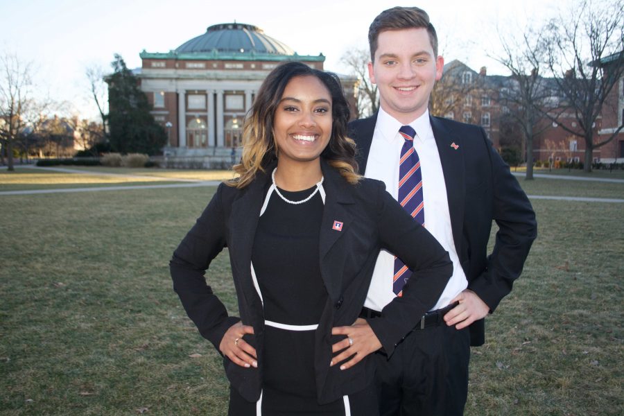Raneem Shamseldin (left), a junior in Business, and her running mate Joey Domanski (right), a junior in LAS. They will most likely be the next student body president and vice president.