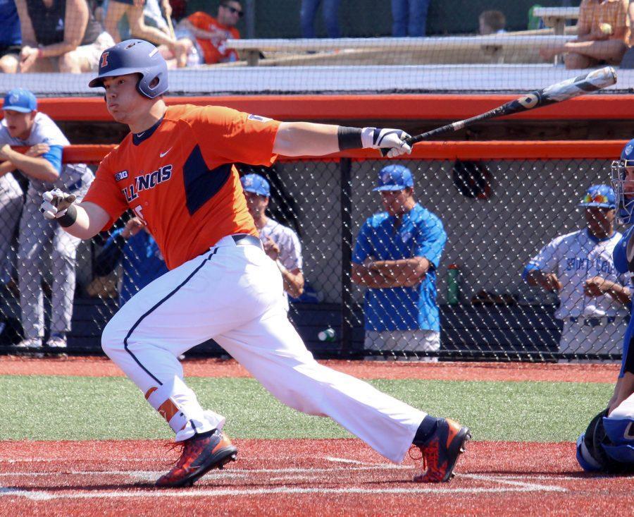 Illinois’ Luke Shilling swings at a pitch in a game against St. Louis on April 17..Shilling has been adjusting to being the Friday starter