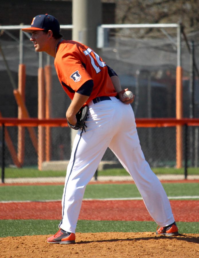 Nick Blackburn pitches the ball at the Illini Field on April 17, 2016. Illinois played against Saint Louis and won 6-2.