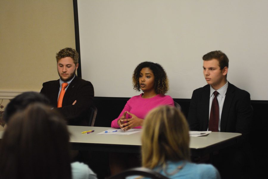  The candidates for student government, Bobby Knier, Raneem Shamseldin and Jesse Tabak, face off in a debate at the Illini Union room 209 on Monday, March 6th. 
