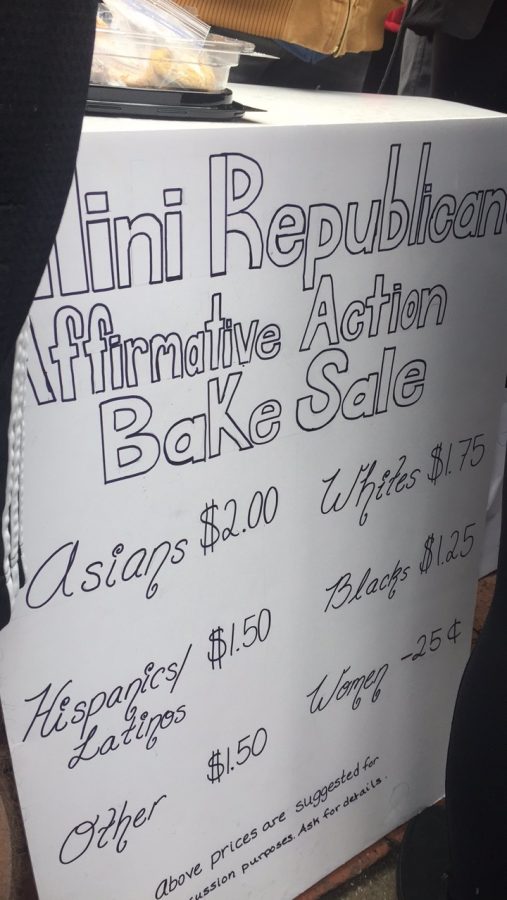 The Illini Republicans host a bake sale on the Main Quad to bring attention to affirmative action.