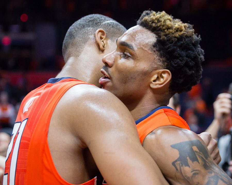 Illinois Tracy Abrams (right) hugs Malcolm Hill (left) after the game against Michigan State at State Farm Center on Wednesday, March 1.