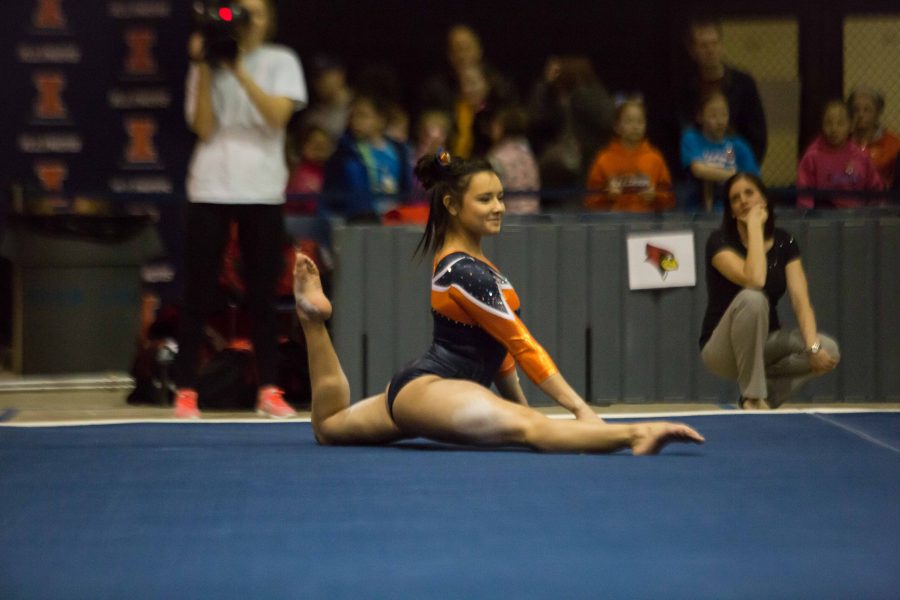 Illinois Lizzy LeDuc performs a routine on the floor during the State of Illinois Classic at Huff Hall on Saturday, March 5, 2015. The Illini claimed victory for the ninth consecutive year with a total of 195.425 over Northern Illinois (194.225), UIC(192.625) and Illinois State (191.500).