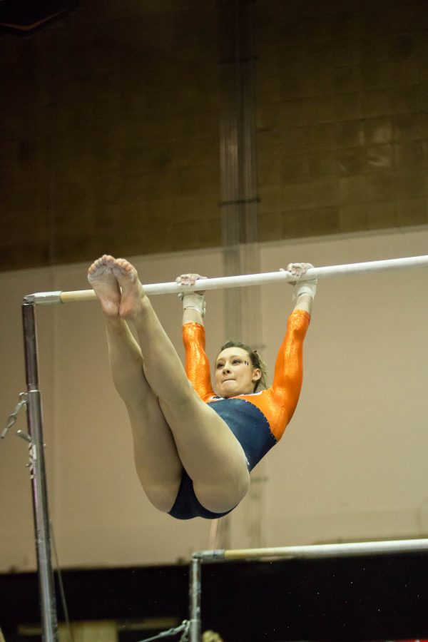 Illinois Sarah Lyons performs a routine on the uneven parallel bars during the State of Illinois Classic at Huff Hall on Saturday, March 5, 2015. The Illini claimed victory for the ninth consecutive year with a total of 195.425 over Northern Illinois (194.225), UIC(192.625) and Illinois State (191.500).