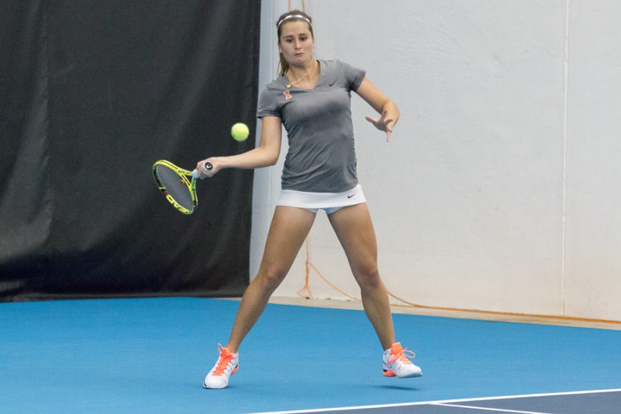 Illinois' Daniela Pedraza Novak gets ready to return the ball during the match against Nebraska at the Atkin's Tennis Center on Sunday, April 3. The Illini won 4-1.