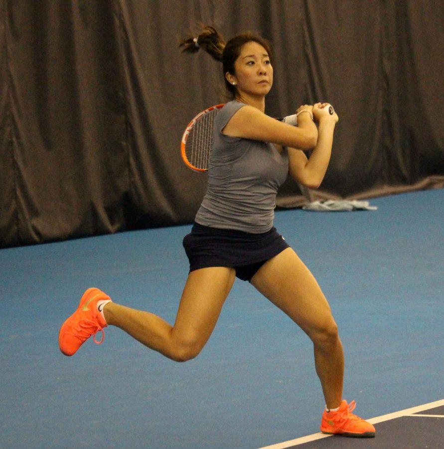 Illinois Louise Kwong gets ready to return the ball during her singles match on April 1st, 2016. 