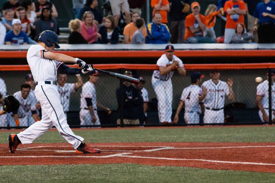 Illinois’ Jack Yalowitz hits a single during game one of the series against St. Louis University at Illinois Field on Friday, April 15. The Illini won 6-4.