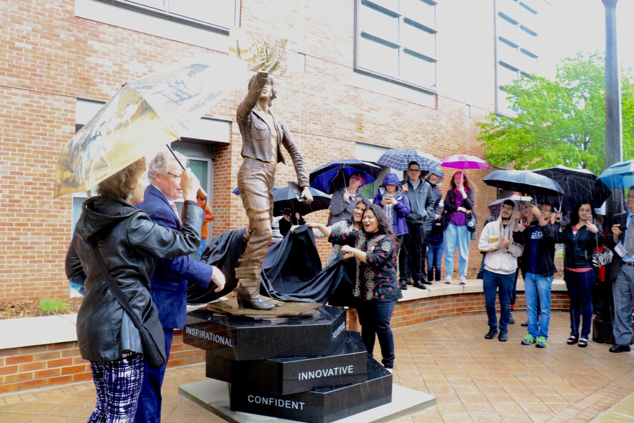 A statue honoring women in engineering titled The Quintessential Engineer is unveiled on the Engineering Quad on April 28.