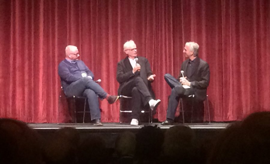 Nate Cohn (left) listens as Caleb Deschanel recounts working as a cinematographer on the 1979 film, “Being There.” Deschanel at first denied political themes for the movie, but he later admitted to the film’s prevalent power and political motifs. 