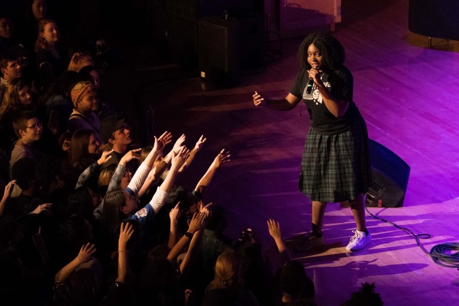 Noname+performs+at+Foellinger+on+Friday.+The+performance+featured+songs+from+her+debut+mixtape+Telefone%2C+including+tracks+which+reflect+her+personal+growth+and+struggles+growing+up.+