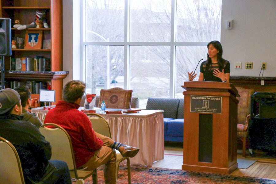 Dr. A Naomi Paik gives a talk about her book Rightlessness at the Illini Union Bookstore on Mar. 28.