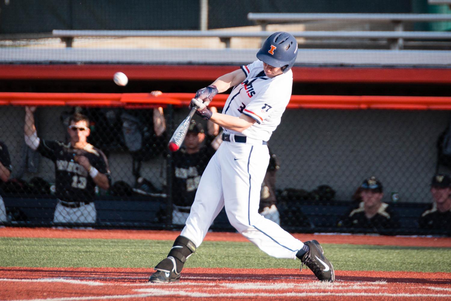 Illinois%E2%80%99+Jack+Yalowitz+hits+a+single+against+Western+Michigan+at+Illinois+Field+on+April+18.+The+Illini+swept+a+double-header+in+their+series+win+against+Minnesota.+