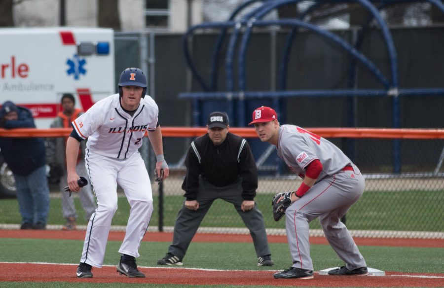 Pat McInerney (27) takes a lead off of first in anticipation of stealing second base against Bradley at Illinois Field on Tuesday, March 28.