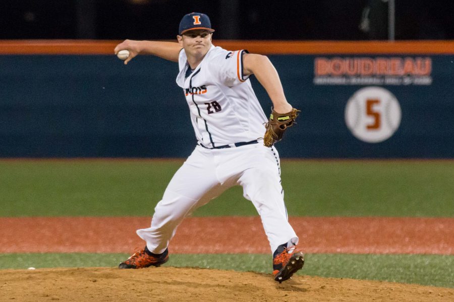 Illinois’ relief pitcher Charlie Naso throws a fastball against St. Louis University at Illinois Field in 2015. Naso is now at the widely popular company Barstool Sports. 