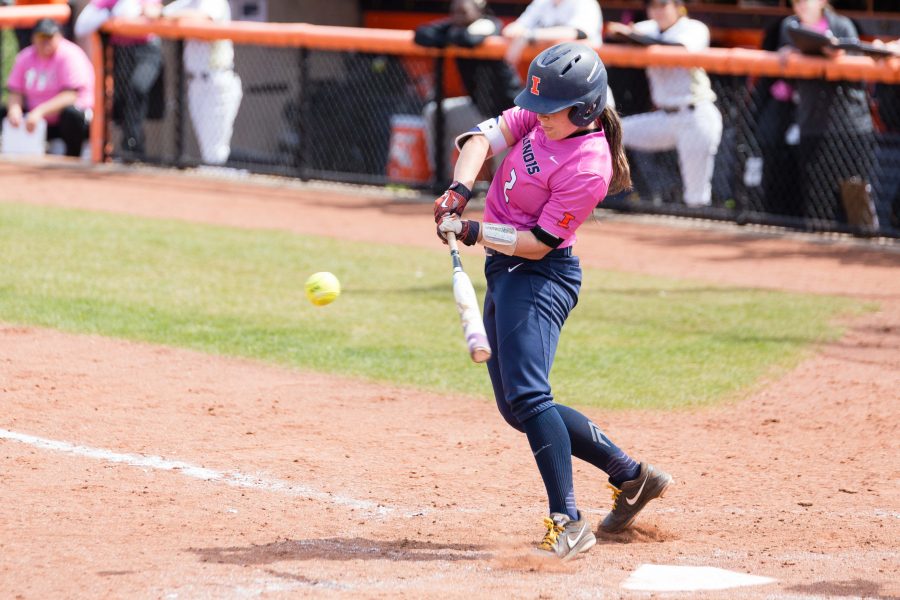 Illinois’ Alyssa Gunther singles against Purdue at Eichelberger Field. The Illini won 11-4 on Saturday, partially thanks to Nicole Evans’ record-breaking grand slam.