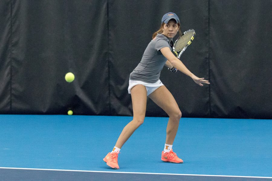 Illinois’ Madie Baillon gets ready to return a ball against Nebraska at the Atkins Tennis Center on April 3. The Illini lost to Ohio State and defeated Penn State this past weekend. 