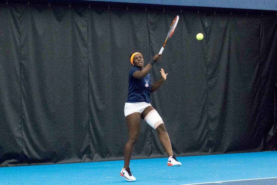 Illinois’ Ines Vias returns a ball during against DePaul at the Atkins Tennis Center on Feb. 19.
