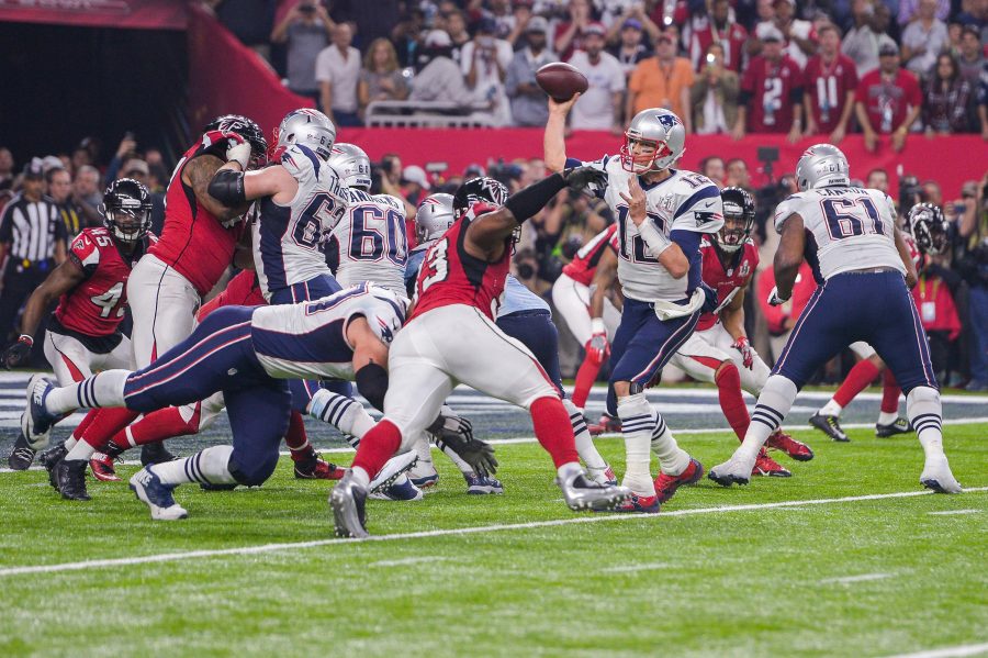 New England Patriots quarterback Tom Brady (12) passes to New England Patriots wide receiver Danny Amendola (80) for a two-point conversion to tie the game during the fourth quarter of Super Bowl LI between the New England Patriots and the Atlanta Falcons on Sunday, Feb. 5, 2017 at NRG Stadium in Houston, Texas. (Anthony Behar/Sipa USA/TNS)