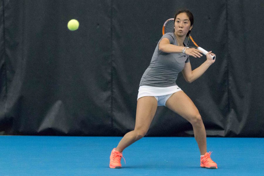 Illinois Louise Kwong gets ready to return the ball during the match against Nebraska at the Atkins Tennis Center on Sunday, April 3.