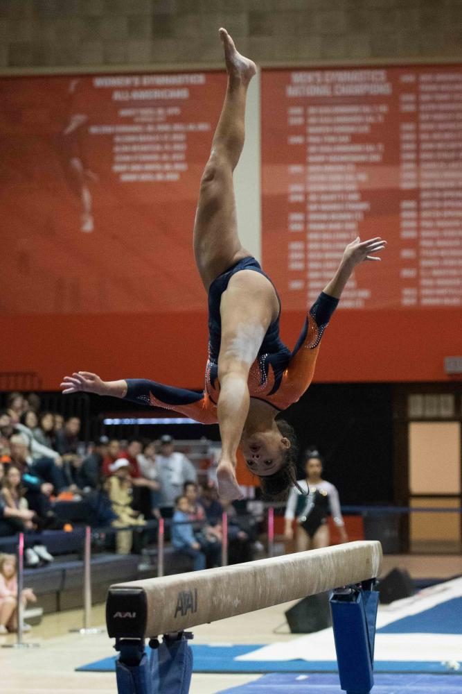 Lizzy LeDuc competes on beam against Michigan State in Huff Hall on February 17.