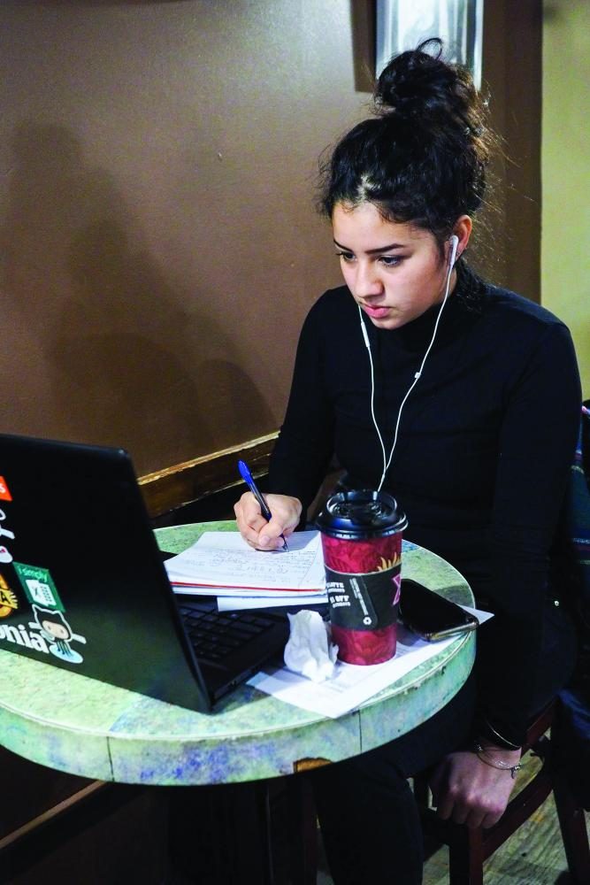 Cirina Nevarez, senior, settles in at Espresso Royale to study for her upcoming finals. Interim editor in chief Jessica Bursztynsky recommends Caffe Paradiso for studying and socializing. 