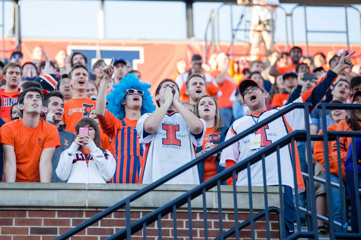 Students in Block I cheer during the football game against Purdeu at Memorial Stadium on Oct. 8, 2016. The University has adopted the block I as its only logo. 