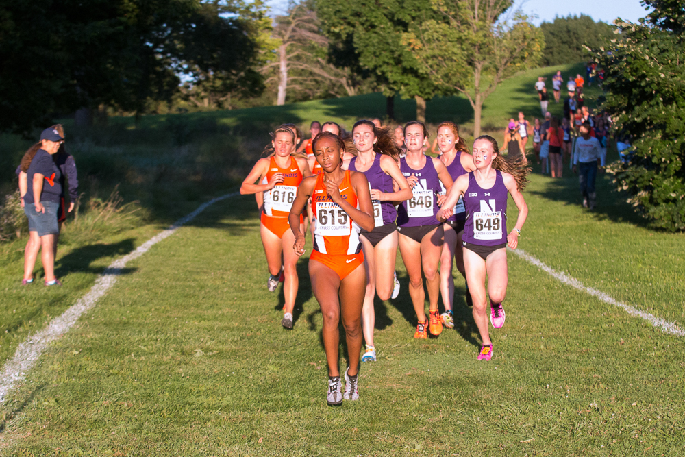 Denise Branch leading the team during the womens cross-coutry Illini Challenge. The challenge was held at the UI Arboretum on Friday, September 2, 2016. 