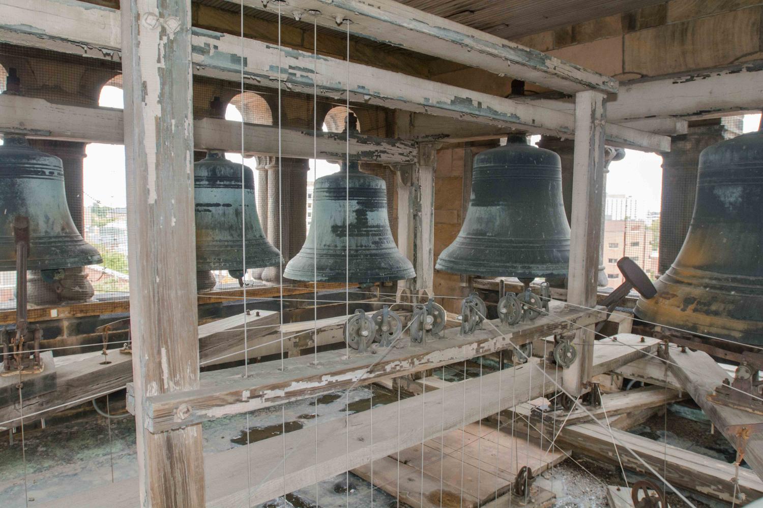 A view of the chime in the Altgeld Hall Tower. The chime was installed in the tower in 1920 as a gift from the classes of 1914 through 1921 and the U.S. School of Military Aeronautics.