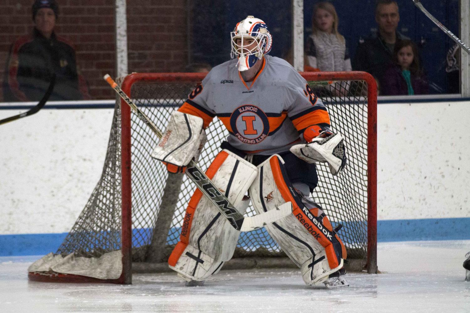 David Heflin stands in goal ready to block any shots from Robert Morris  at the Ice Arena on Feb. 17, 2017. Illinois beat Robert Morris 5-1.