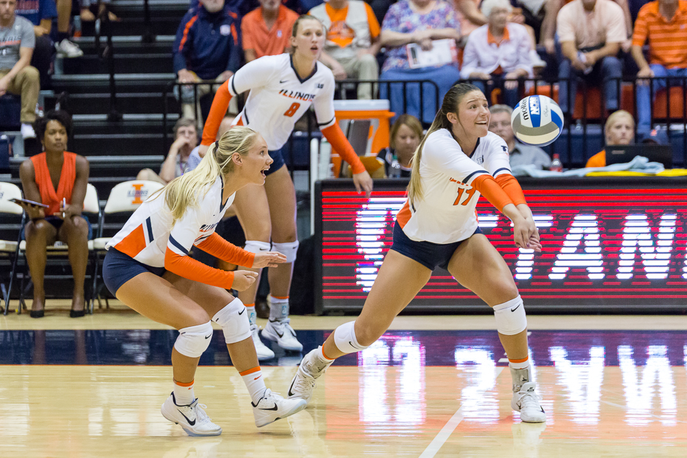 Illinois middle blocker Blayke Hranicka (17) passes the ball during the match against Stanford at Huff Hall last Friday. The Illini lost 3-0.