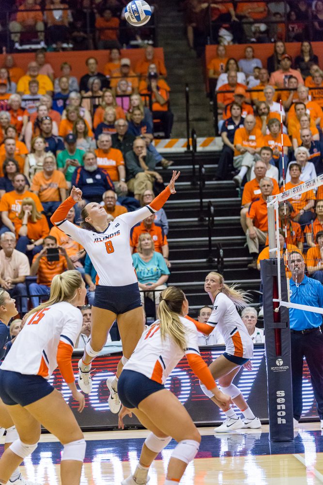 Illinois outside hitter Beth Prince (8) gets ready to hit the ball during the match against Stanford at Huff Hall on Friday, September 8. The Illini lost 3-0.