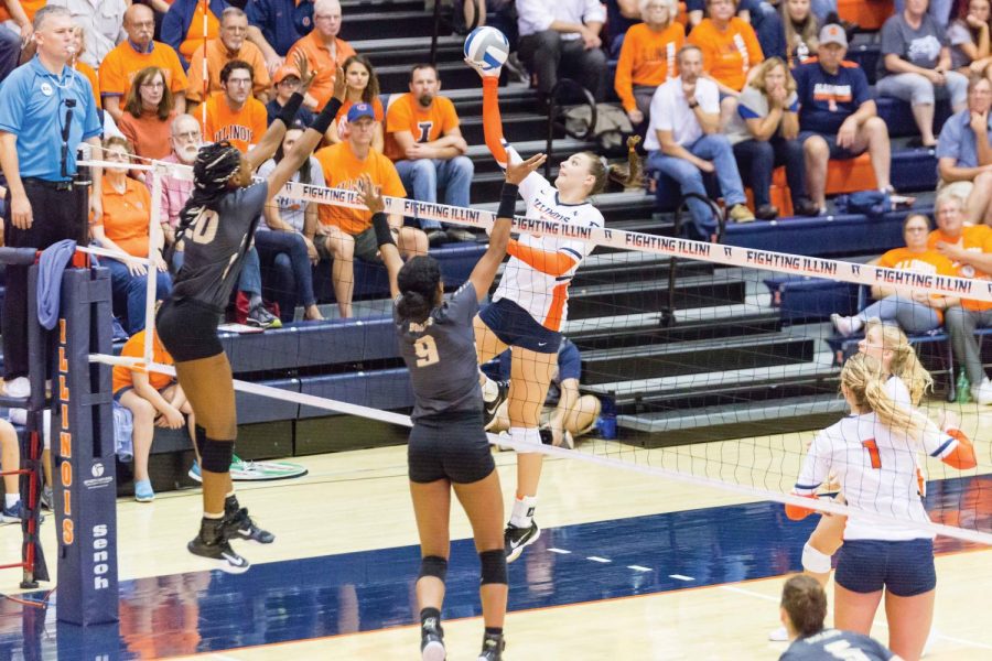 Illinois+middle+blocker+Ali+Bastianelli+%285%29+hits+the+ball+during+the+match+against+Purdue+at+Huff+Hall+on+Friday%2C+October+6.+The+Illini+lost+3-0.