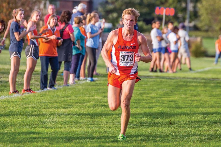 Illinois Joe Cowlin (373) runs in the Illini Open at the University of Illinois Arboretum on Friday, Oct. 20. Cowlin placed twelfth with a time of 26:49.4 in the mens 8K.