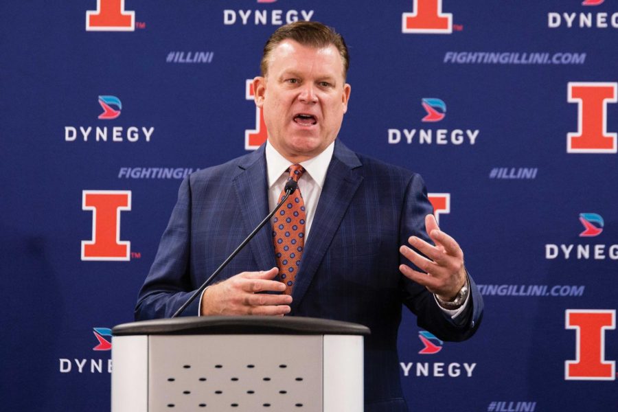 Illinois+head+basketball+coach+Brad+Underwood+answers+questions+from+the+media+during+the+media+day+press+conference+at+the+Division+of+Intercollegiate+Athletics+building+on+Wednesday%2C+October+11.
