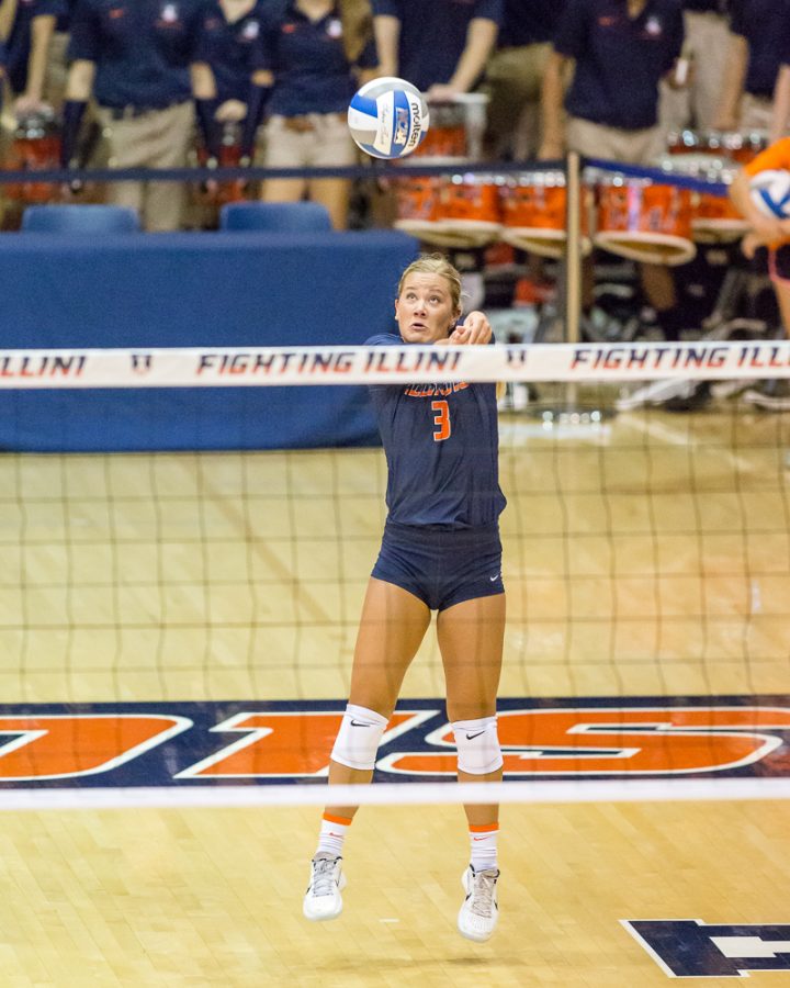 Illinois defensive specialist Brandi Donnelly (3) passes the ball during the match against Purdue at Huff Hall on Friday, October 6. The Illini lost 3-0.