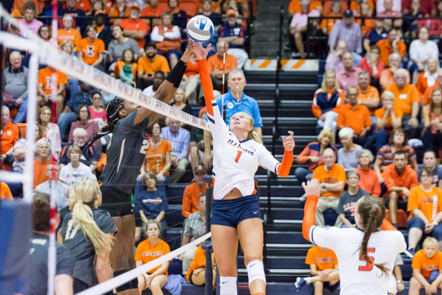 Illinois+setter+Jordyn+Poulter+%281%29+tips+the+ball+during+the+match+against+Purdue+at+Huff+Hall+on+Friday%2C+October+6.+The+Illini+lost+3-0.