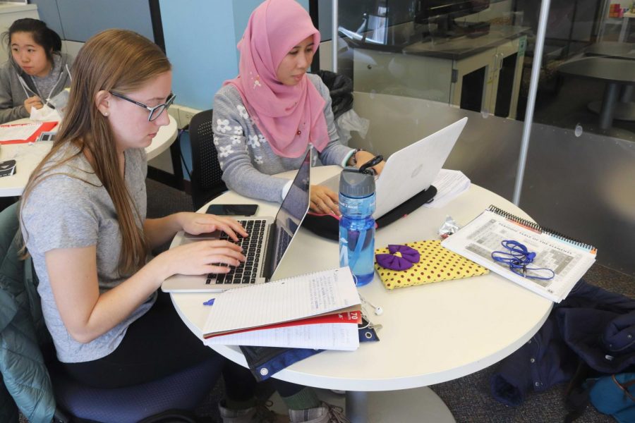 Sophomores, Eva Bucke and Hazirah Muhamad, utilize their time at the Undergraduate Library to study and work on a project together.