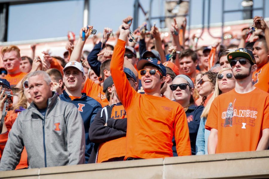Fans in the Block I student section jangle their keys in the air during a kickoff in the game against Michigan State at Memorial Stadium on Nov. 5, 2016. Sports editor Cole Henke lists what he’ll get to do this weekend in the stands rather than the press box.