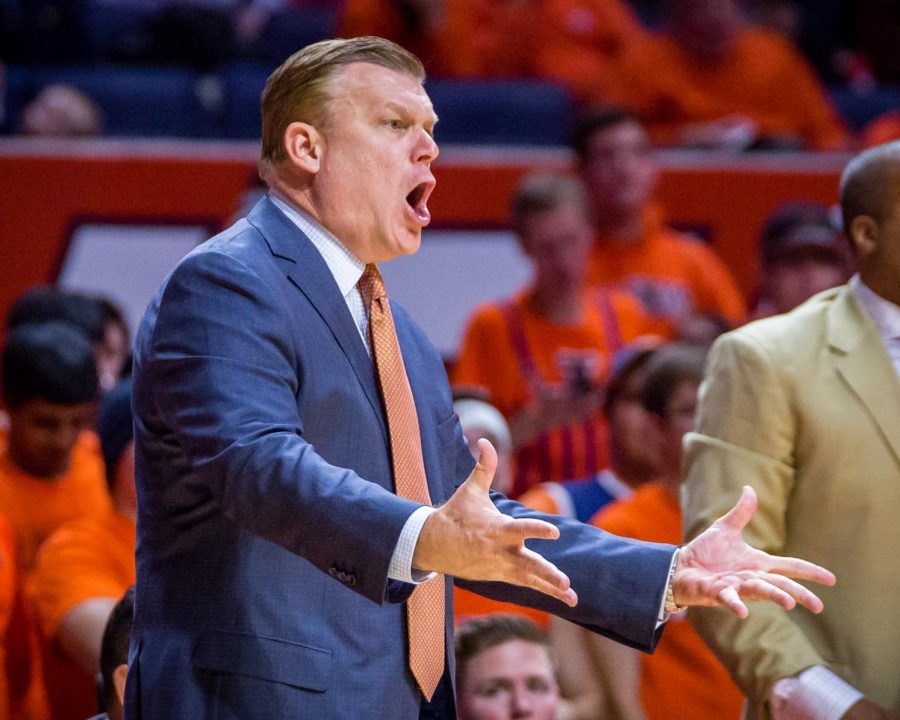 Illinois head coach Brad Underwood shouts at his team from the sideline during the game against Tennessee-Martin at State Farm Center on Sunday, Nov. 12, 2017. The Illini won 77-74.