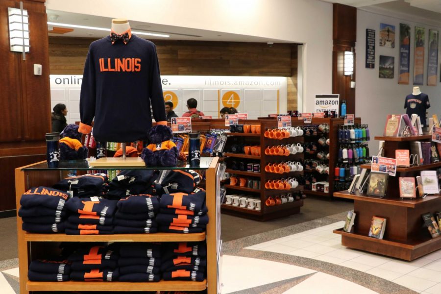 Shelves filled with items for sale at the Illini Union Bookstore, 809 S. Wright St., Champaign. This is a popular destination for students looking to work on campus, as longform editor Andrea writes.