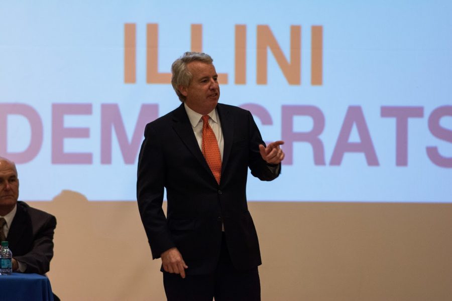 Chris Kennedy speaks during the Democratic gubernatorial candidate forum in Gregory Hall, Room 112, on Monday.